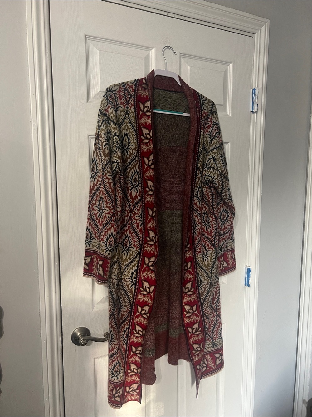 Sundance Red, Cream & Olive Patterned Open-Front Cardigan